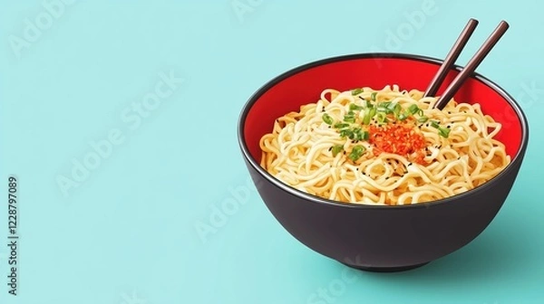 Obraz A vibrant bowl of noodles topped with green onions and a spicy sauce on a turquoise background.