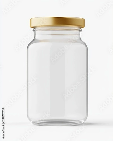 Fototapeta Clear glass jar with gold lid, isolated on white background.