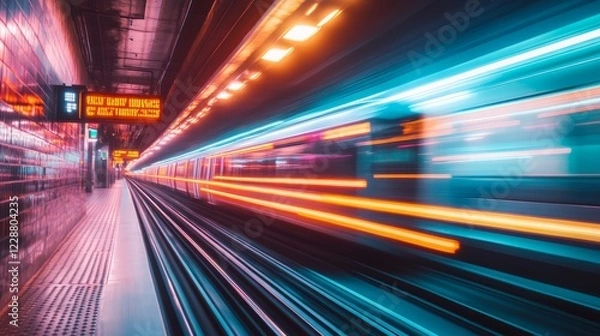 Fototapeta Subway train motion blur, glowing neon light streaks, dynamic urban energy 