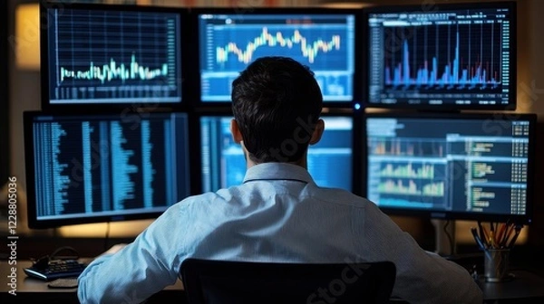 Fototapeta Man analyzes stock market data on multiple screens. Illustrates financial analysis, trading, and investment.