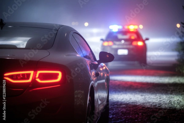 Fototapeta Rear view of a pursued car disappearing into fog with police lights illuminating the scene