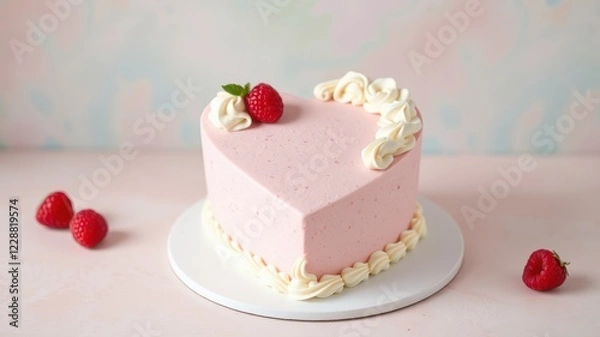 Fototapeta Heart-Shaped Cake with Pink Frosting and Raspberries on a Light Pastel Background for Celebrations and Events