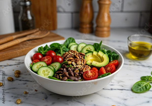 Fototapeta A colorful salad bowl filled with fresh greens, cherry tomatoes, cucumbers, avocado slices, and roasted nuts, drizzled with olive oil . Generative AI