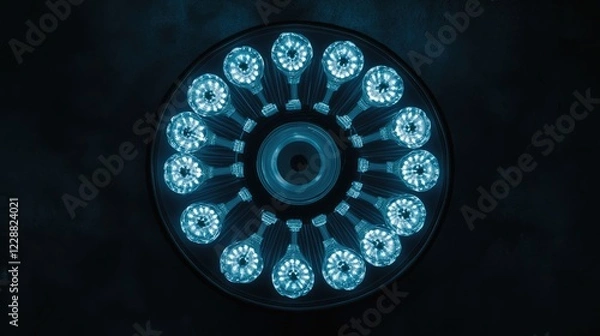 Fototapeta A top-down view of multiple LED bulbs arranged in a circular pattern on a dark background.