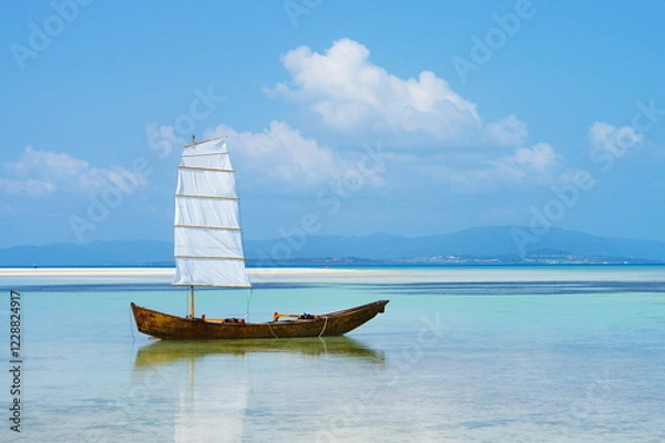 Obraz 沖縄県竹富島　サバニ船と海