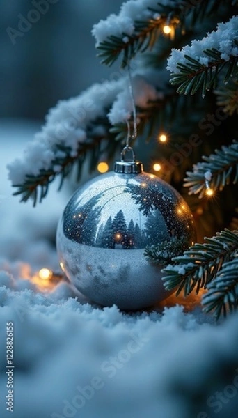 Fototapeta Frozen silver sphere nestled in coniferous tree foliage with warm white string lights, frozen, wintry, icy