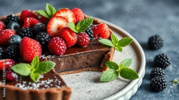 Fototapeta Rich Chocolate Tart with Fresh Berries and Mint on Rustic Plate