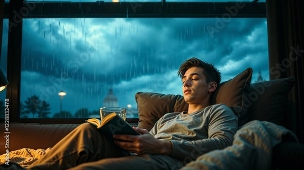 Fototapeta Single awareness day,  intimate scene of a young man relaxing on a couch with a book and a cup of tea, soft blankets