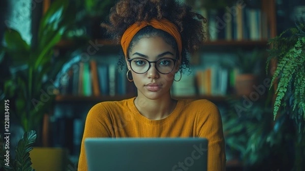Fototapeta A woman taking notes on a laptop in a cozy home workspace