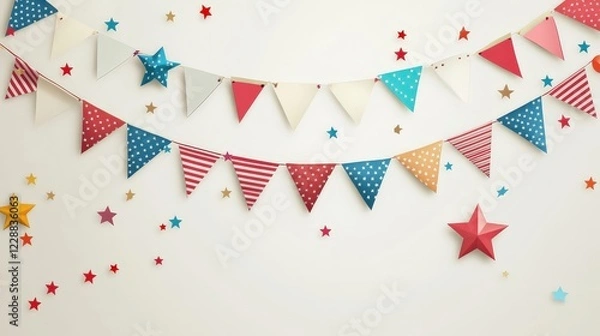 Fototapeta Celebration Bunting: A festive bunting banner with colorful triangular flags adorned with stars hangs against a backdrop of scattered confetti.