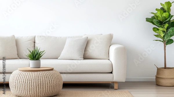 Fototapeta Stylish living space with cozy sofa, plant, and decorative table