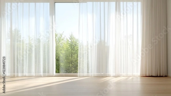 Fototapeta Achieving Vision Through Clarity and Understanding, Bright interior with sheer curtains and a view of greenery outside, creating a serene atmosphere.