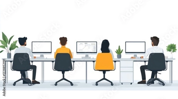 Fototapeta Team collaboration, office workspace, data analysis, growth chart, modern office
