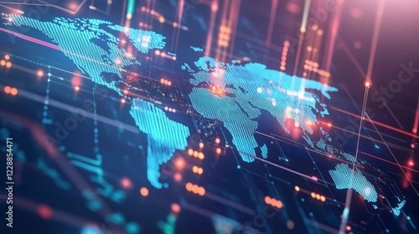 Obraz Abstract Digital World Map: Global Network Connectivity Visualization