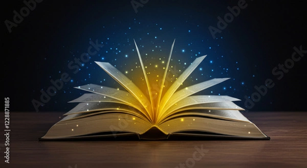 Fototapeta A mystical, fantasy-themed image of an open book with a magical glow and sparkling particles against a dark, starry backdrop, suggesting storytelling and the power of knowledge