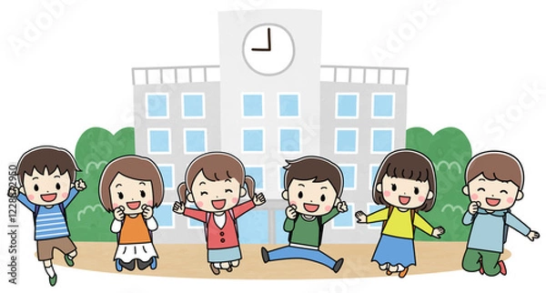 Obraz 学校の前で笑顔でジャンプする供たちのイラスト