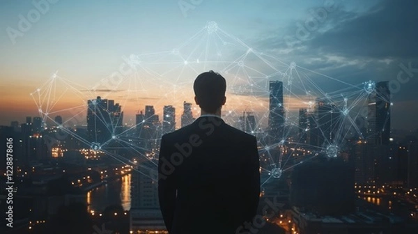 Fototapeta Businessman overlooking cityscape with network overlay.