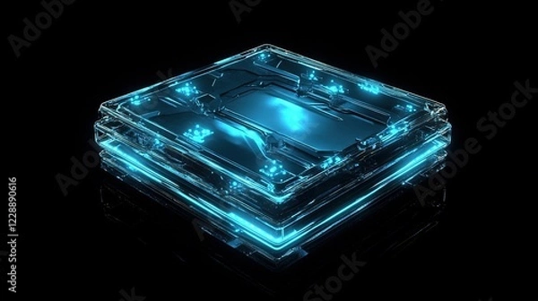 Obraz Glowing blue transparent computer chip on black reflective surface.