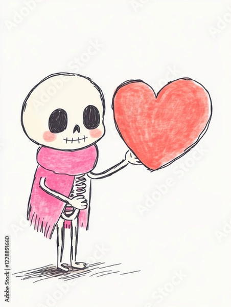 Fototapeta Skeleton with Heart-Themed Scarf Holding Glowing Red Heart: Dark Love Reaper Valentine Illustration T-Shirt Designs