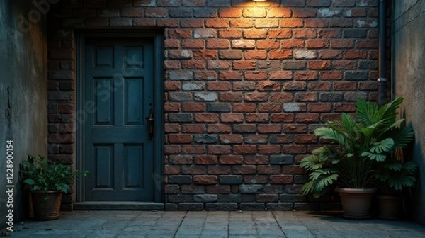 Fototapeta Nighttime ambiance of a weathered brick wall, a dark teal door, and potted plants under a single light