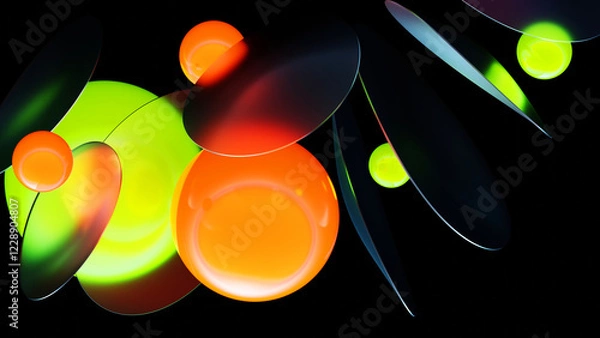 Fototapeta An abstract digital artwork with glowing, translucent shapes in vibrant orange, yellow, and green against a deep black background, creating a futuristic neon effect. 3D Render