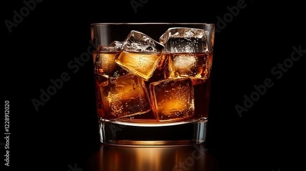 Fototapeta An isolated macro shot of ice cubes melting in a glass of cola, with reflections of warm lighting