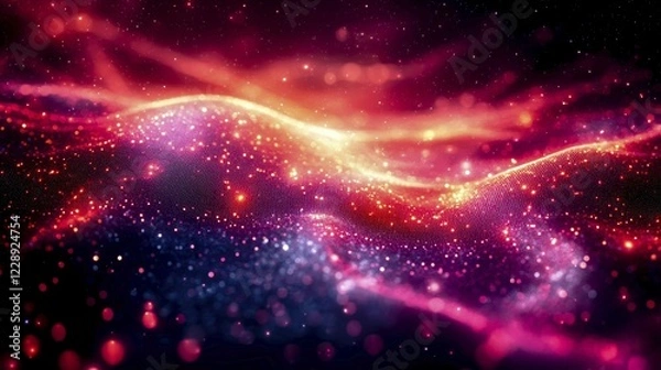 Fototapeta Vibrant digital artwork depicting glowing waves in red and pink hues, set against a dark backdrop with sparkling particles, creating a lively atmosphere, AI generated