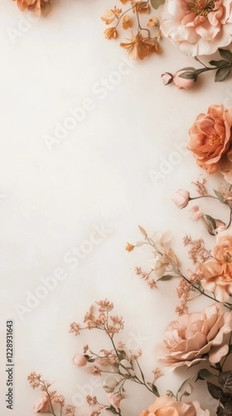 Fototapeta Delicate pastel flowers and leaves create a serene and elegant background, perfect for design and decoration.