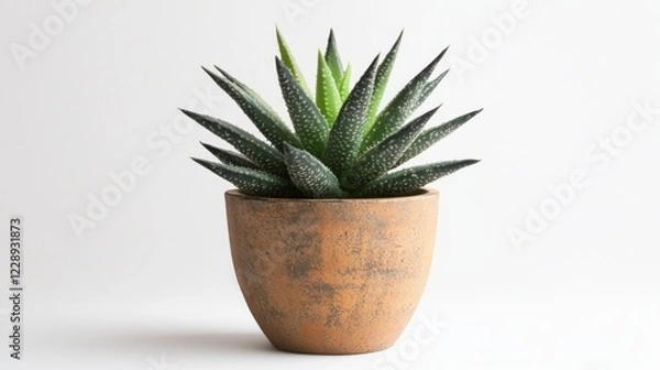 Fototapeta green spiky succulent in a rustic terracotta pot on white background