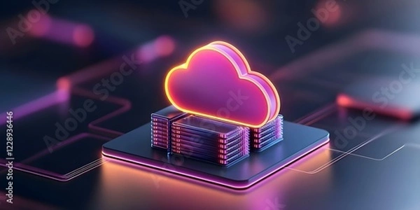 Obraz A stylized cloud symbol above a stack of glowing data storage, representing cloud computing and data storage solutions. Concept Stylized Cloud Symbol, Glowing Data Storage, Cloud Computing Solutions