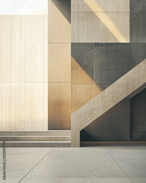 Fototapeta Modern architectural design featuring textured walls and angular stairs in soft light
