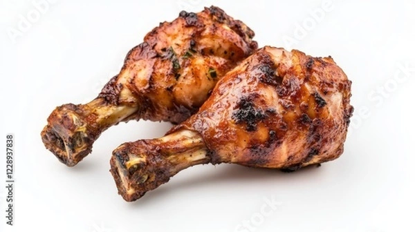 Obraz Grilled Chicken Drumsticks With Smoky Glaze On White Background