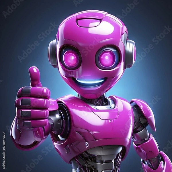Fototapeta Friendly smiling magenta robot with a thumb up symbolizing artificial intelligence, AI generated