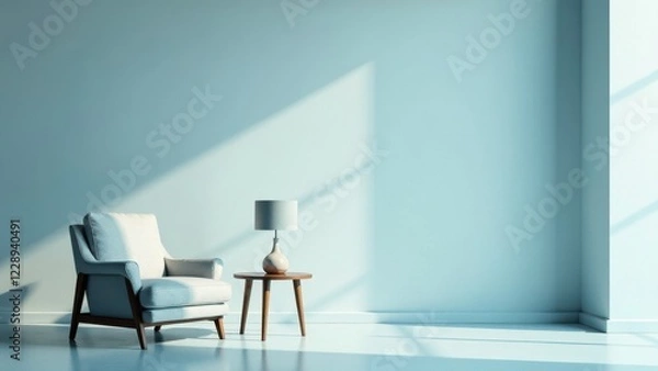 Fototapeta Serene Room Interior  A Modern Armchair Beside a Side Table with Lamp, Bathed in Soft Sunlight