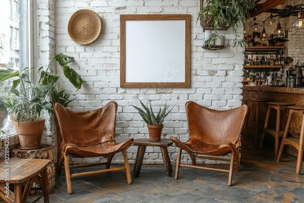 Fototapeta Leather chairs and plants in a rustic cafe setting