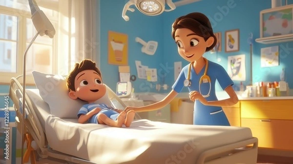 Fototapeta Gentle Care: A kind nurse tends to a smiling child lying in a hospital bed, creating a heartwarming scene of compassion and care in a bright, cartoon-style illustration. 