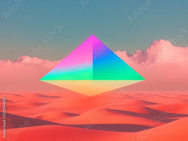 Fototapeta  large, colorful pyramid standing in a desert-like landscape with a clear blue sky above. The pyramid has a gradient color scheme transitioning from pink to blue.