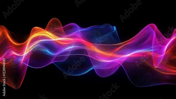 Fototapeta Vibrant, abstract wave patterns in a spectrum of colors against a black background, representing sound or light waves.