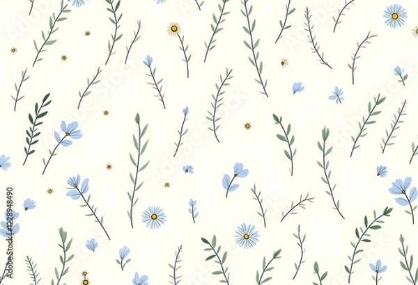 Fototapeta Minimalist floral pattern with tiny delicate flowers and leaves in navy blue and emerald green on a clean, light background