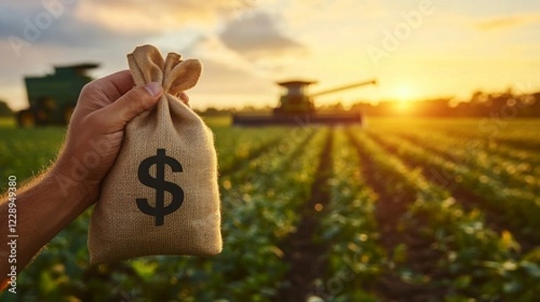 Obraz A hand holds a money bag in a field, with a sunset and farm machinery in the background, symbolizing agricultural prosperity and financial growth.