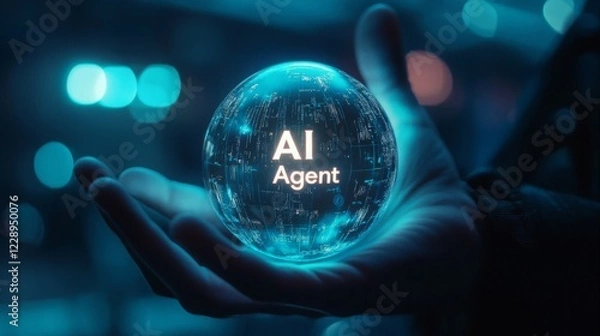 Obraz A hand holds a glowing orb displaying the words "AI Agent," symbolizing advanced technology and artificial intelligence.
