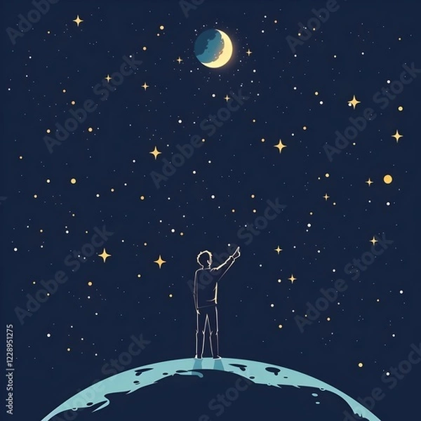 Fototapeta A person standing on the earth, looking up at stars in sky with moon, night scene, vector illustration style, simple lines, cartoon style, flat design, high resolution.