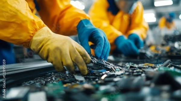 Obraz Workers in protective gear sort through electronic waste in a recycling facility, emphasizing the importance of e-waste management.