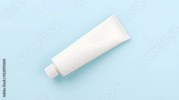 Fototapeta Blank white tube  mock up of ointment on light blue background, top view. Space for text. Generative AI
