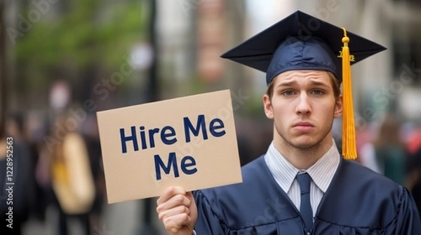 Obraz A graduate holds a sign saying "Hire Me" while looking hopeful amidst a busy street, showcasing the job search challenges faced by recent graduates.