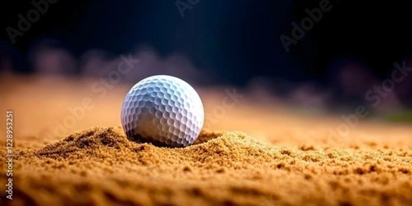 Fototapeta A golf ball is resting on sandy ground, likely in a sand trap on a golf course. Concept Golf Ball in Sand Trap, Techniques for Sand Shots, Impact of Sand on Ball Trajectory