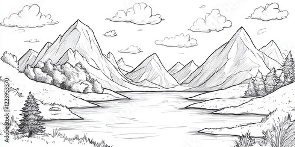 Fototapeta A mountain range with a lake in the middle. The mountains are covered in snow. The lake is calm and clear