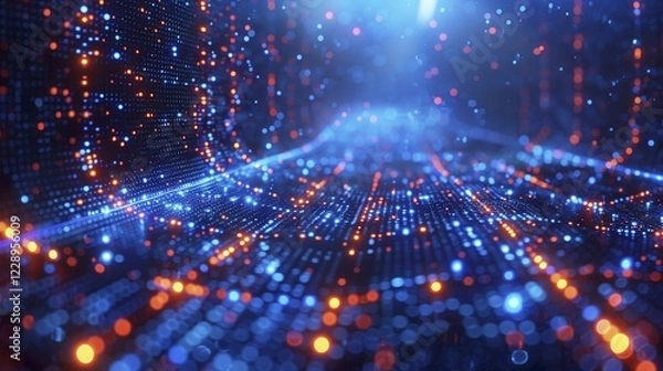 Fototapeta Conceptual representation of the digital world in abstract beauty. Countless digital dots and symbols show the flood of data circulating in the world. AI generated