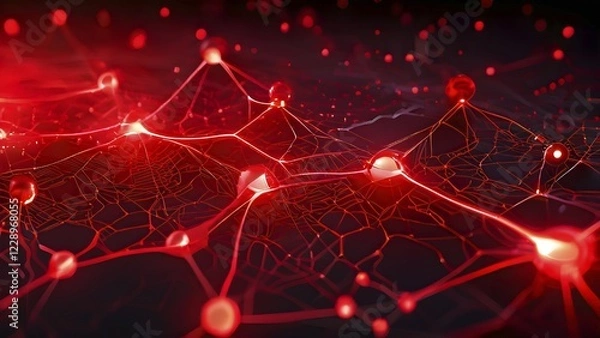 Obraz Ai generated conceptual illustration of a neuronal network with interconnected nodes pulsating in red tones, AI generated