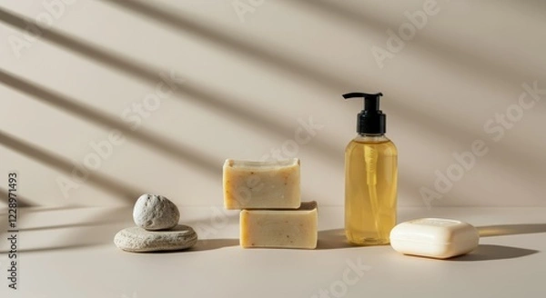 Fototapeta Natural skincare products with soap bars and bottle on minimalist surface